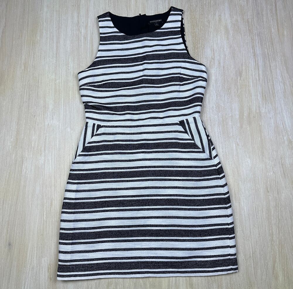 Banana Republic Black & White Keyhole A-Line Striped Cocktail Pockets Dress 8